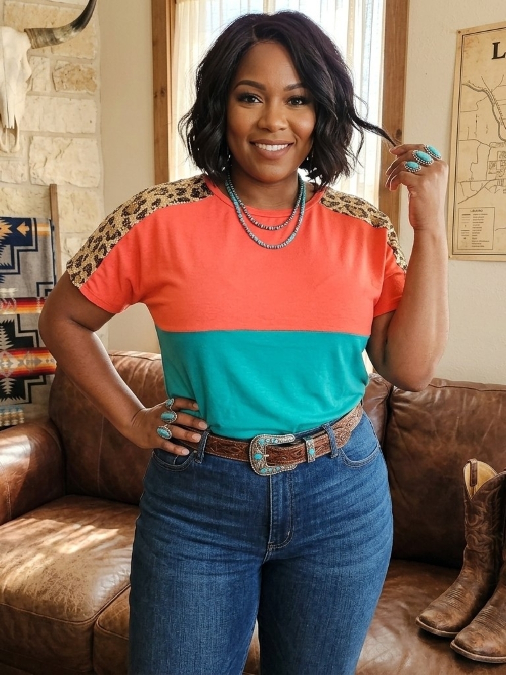 Colorblock Coral & Teal Short Sleeve Top with Leopard Shoulder